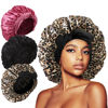 Picture of 3Pcs Silk Bonnet for Sleeping, Satin Bonnet for Sleeping Extra Large Bonnet Hair Bonnets for Sleeping Black Curly Hair Women Jumbo Bonnet with Tie Band Braids (Black Leopard Rose-pink) shower cap