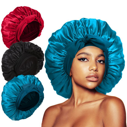 Picture of Kafteri 3Pcs Satin Silk Bonnet for Sleeping, Extra Large Hair Bonnets for Sleeping Black Curly Hair Women Big Jumbo Bonnet with Tie Band Braids Shower Cap