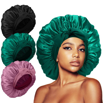 Picture of 3Pcs Bonnets Silk Bonnet for Sleeping, Jumbo Satin Bonnet for Black Curly Hair Women showercap