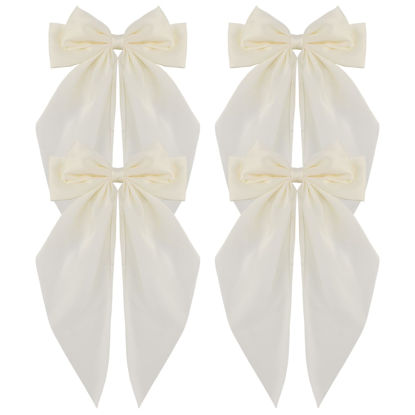 Picture of ATODEN Satin White Hair Accessories for Women: Large Oversized Bowknot Barrettes with Long Tail Hair Clips and Metal Clips - Aesthetic Wedding Hair Accessories