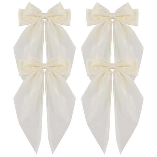 Picture of ATODEN Satin White Hair Accessories for Women: Large Oversized Bowknot Barrettes with Long Tail Hair Clips and Metal Clips - Aesthetic Wedding Hair Accessories