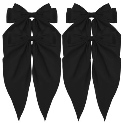 Picture of ATODEN Oversized Long Tail Bowknot Barrettes - Black Silky Satin Hair Accessories for Women, 4Pcs Metal Clips for Girls