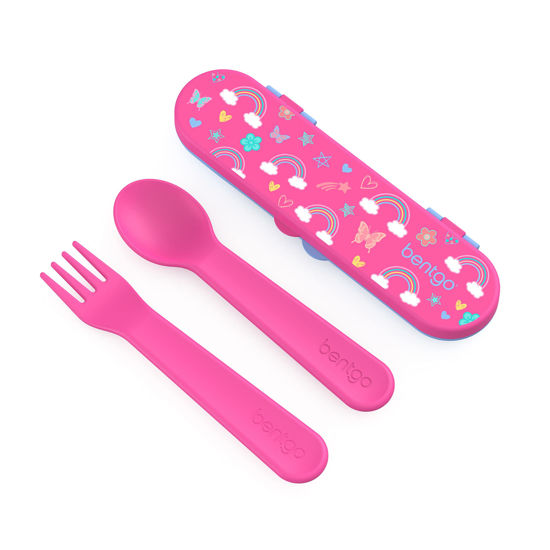 Picture of Bentgo Kids Utensil Set - Reusable Plastic Fork, Spoon & Storage Case BPA-Free Materials, Easy-Grip Handles, Dishwasher Safe Ideal for School Lunch, Travel, Outdoors (Rainbows and Butterflies)