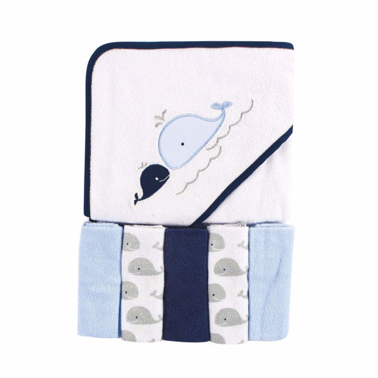 Picture of Luvable Friends Unisex Baby Hooded Towel with Five Washcloths, Whale, One Size