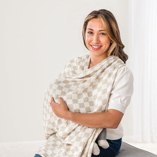 Picture of Itzy Ritzy Breastfeeding Boss Multi-Use Cover - A Nursing Cover, Swaddle, Car Seat Cover, Tummy Time Mat & Burp Cloth All in One - Made of Soft Muslin Fabric & Measures 47” x 47” (Checkerboard)