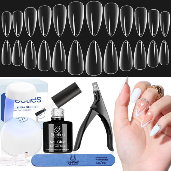 Picture of Beetles Easy Gel Tips Nail Extension Kit Extra Short Stiletto Pre-shaped False Nail Tips with 5 In 1 Nail Glue Gel Base Coat Fake Nails and Uv Led Nail Lamp Diy Gift for Women