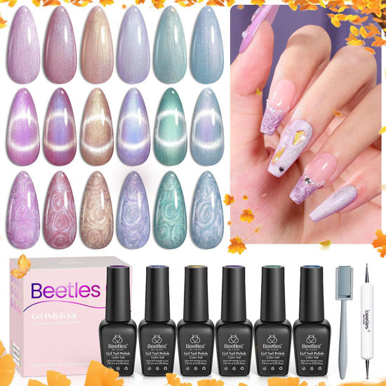 Picture of Beetles Cat Eye Gel Nail Polish-6 Colors Shimmer Pearl Cat Eye Gel Polish Purple Gold Blue Soak Off UV Led Fall Winter Glitter Nail Polish with Magnet and Double-ended Pen for Women DIY Home