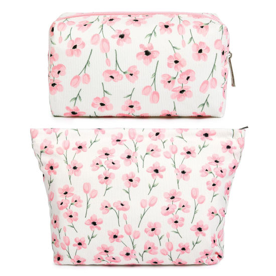 Picture of SOIDRAM 2 Pieces Makeup Bag Large Floral Cosmetic Bag White Capacity Canvas Travel Toiletry Bag Organizer Cute Makeup Brushes Aesthetic Accessories Storage Bag for Women