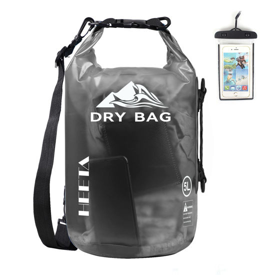 Picture of HEETA Dry Bag Waterproof for Women Men, Roll Top Lightweight Dry Storage Bag Backpack with Phone Case for Travel, Swimming, Boating, Kayaking, Camping and Beach (Transparent Black, 5L)