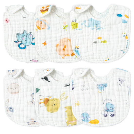 Picture of Zainpe 6Pcs Snap Muslin Cotton Baby Bibs Elephant Whale Rabbit Pattern Feeding Bib Adjustable Machine Washable Unisex Burp Cloths with 6 Absorbent & Soft Layers for Boys Girls Drooling Teething Eating