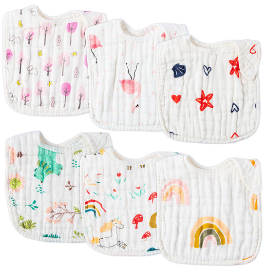 Picture of Zainpe 6Pcs Snap Muslin Cotton Bibs for Baby Rainbow Unicorn Flamingo Machine Washable Burp Cloths with 6 Absorbent Soft Layers for Girl&Boy Infant Newborn Toddler Feeding Drooling Teething