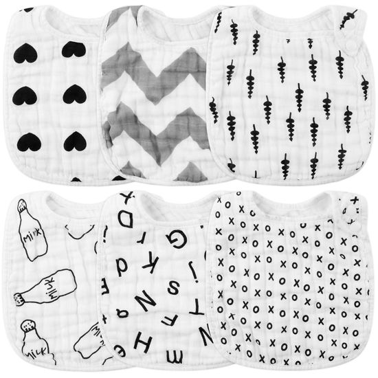 Picture of Zainpe 6Pcs Snap Muslin Cotton Bibs for Baby Love Heart Tree Milk Letter Bib with 6 Absorbent Soft Layers Machine Washable Burp Cloths for Infants, Newborns and Toddlers Drooling Feeding and Teething