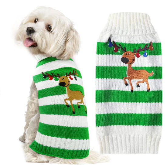 Picture of DOGGYZSTYLE Christmas Dog Sweaters Xmas Pet Outfits Striped Elk Costume Holiday Clothes Gifts Puppy Cat Knitted Jumpers (S,GreenWhite Stripe Elk)