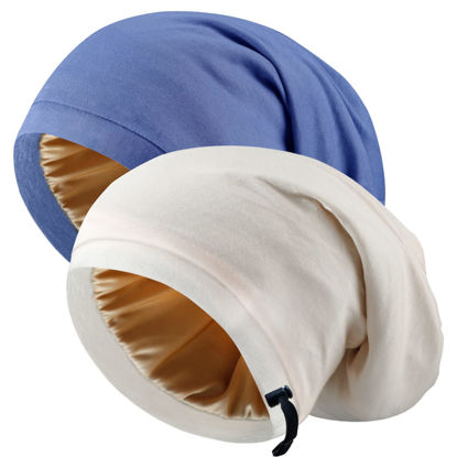 Picture of Silk Satin Bonnet Hair Wrap for Sleeping, 2 Pcs Adjustable Silk Bonnets for Women Men Sleep Cap Silk Lined Slouchy with Adjustable Strap Curly Hair Head Scarf Night Caps