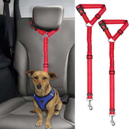 Picture of BWOGUE 2 Packs Dog Cat Safety Seat Belt Strap Car Headrest Restraint Adjustable Nylon Fabric Dog Restraints Vehicle Seatbelts Harness