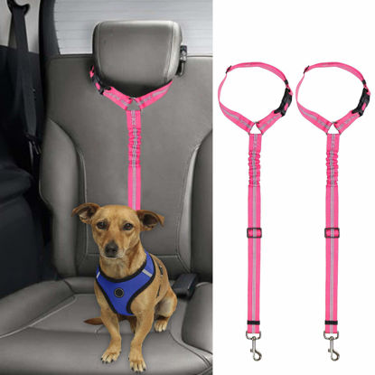 Picture of BWOGUE 2 Packs Dog Cat Safety Seat Belt Strap Car Headrest Restraint Adjustable Nylon Fabric Dog Restraints Vehicle Seatbelts Harness