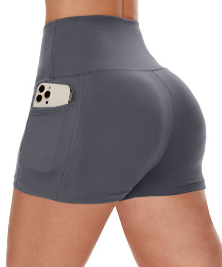 Picture of CAMPSNAIL Biker Shorts Women with Pockets - 3" High Waisted Workout Spandex Tummy Control Gym Running Athletic Yoga Shorts Dark Grey