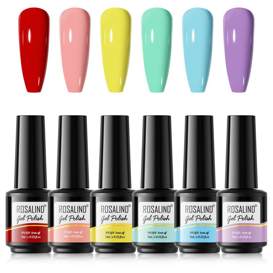 Picture of ROSALIND Red Nude Gel Nail Polish Set - 6 Pastel Neon Gel Colors Nail Polish, Colorful Gel Nail Polish Soak off Solid Gel Polish Bright Rainbow Gel Nail Art Design Neon Yellow Light Green Gel Manicure