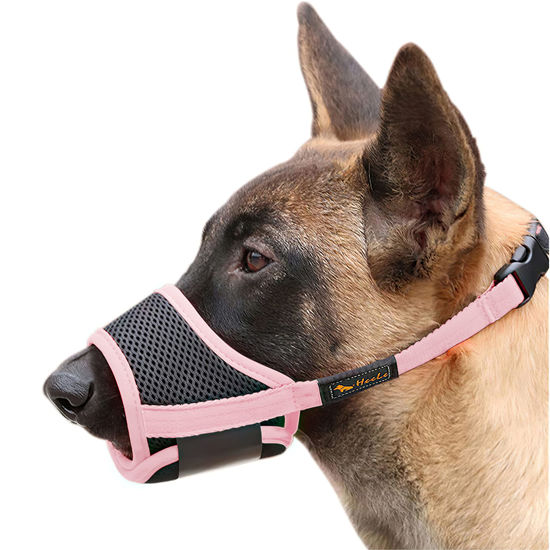 Picture of HEELE Dog Muzzle Nylon Soft Muzzle Anti-Biting Barking Secure,Mesh Breathable Pets Muzzle for Small Medium Large Dogs 4 Colors 4 Sizes (M, Pink)