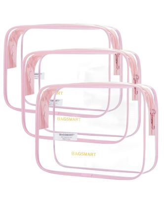 Picture of BAGSMART Clear Toiletry Bag, 3 Pack TSA Approved Travel Toiletry bag Carry on Travel Accessories Bag Airport Airline Quart Size Bags Water Repellent Makeup Cosmetic Bag for Women (Pink-3pcs)