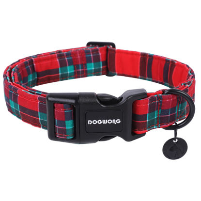 Picture of DOGWONG Christmas Cotton Dog Collar, Red Green Tartan Christmas Dog Collar Durable Soft Fabric Pet Dog Collar Cute Red Green Plaid Puppy Necklace for Small Medium Large Dog