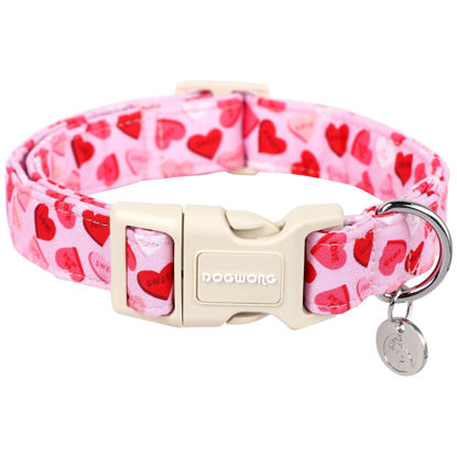 Picture of DOGWONG Valentine's Day Dog Collar - Pink Heart Adjustable Cotton Heart Dog Collar - Perfect Dog Collar for Small Medium Large Dogs