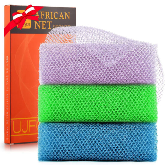 Picture of 3 Pieces African exfoliating net African Net Long Net Bath Sponge Exfoliating Shower Body Scrubber Back Scrubber Skin Smoother,Great for Daily Use (Purple, Blue, Green)