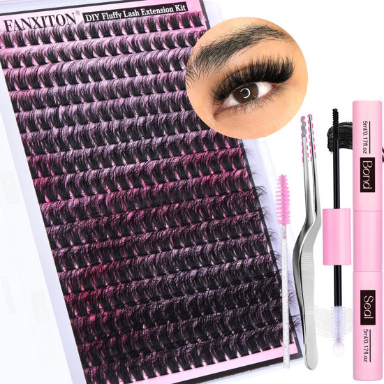 Picture of FANXITON DIY Lash Extension Kit Fluffy Lash Clusters 288 pcs Thick Lash Clusters Kit D Curl 10-18 mm Cluster Eyelash Extension Kit with Lash Bond and Seal Lash Tweezers Individual Lashes For Beginners