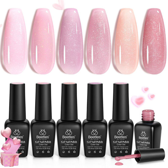 Picture of Beetles Jelly Gel Nail Polish, 6pcs Glitter Nude Sheer Light Baby Pink Natural Gel Polish Shimmer Nail Color Gel Soak off UV LED Cured Art Manicure Set Nail Art Salon Home Gifts for Women