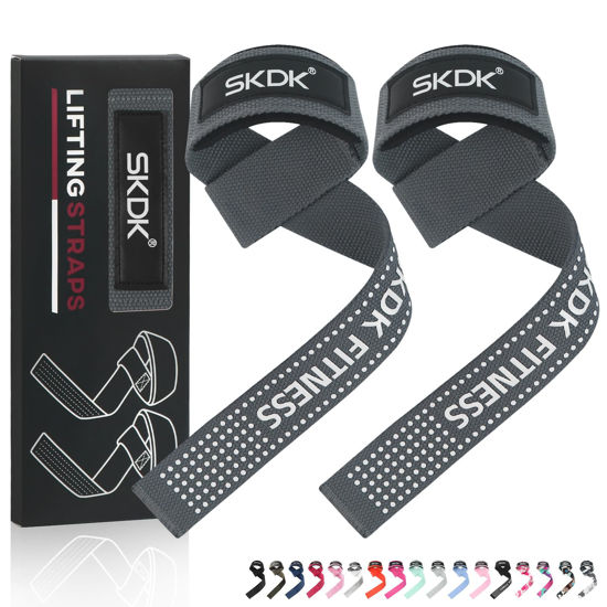 Picture of SKDK Cotton Hard Pull Wrist Lifting Straps Grips Band-Deadlift Straps with Neoprene Cushioned Wrist Padded and Anti-Skid Silicone - for Weightlifting, Bodybuilding, Xfit, Strength Training