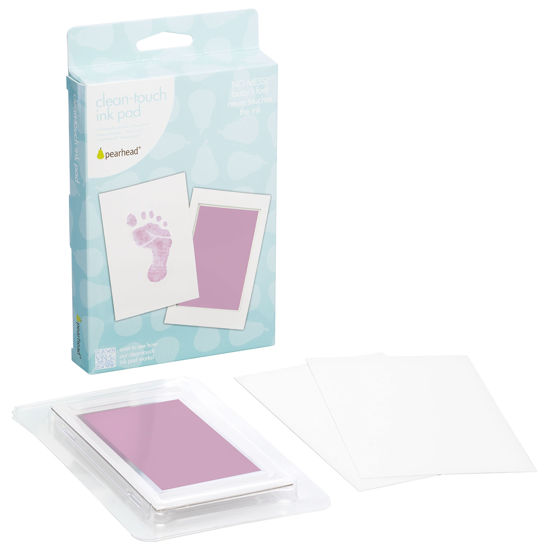 Picture of Pearhead Newborn Baby Handprint Or Footprint Clean-Touch Ink Pad Kit, No Mess Baby Safe Print Kit, Newborn Keepsake, 2 Impression Cards, Small Size, Pink