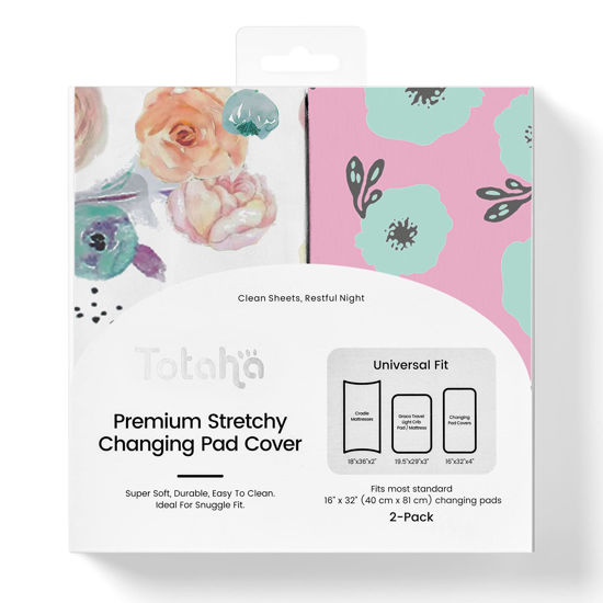 Picture of TotAha Premium Stretchy Changing Pad Covers (2-Pack)-Hypoallergenic, Silky Comfort, Buttery Soft, Calming Effect, All-Season Jersey-Knit 32'' X 16'' X 5'' Deep Pocket (Colorful Flora & Blue Flowers)