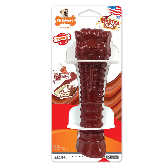 Picture of Nylabone Power Chew Basted Blast Dual Flavored Dog Chew Toys for Aggressive Chewers - Durable Dog Bones with 2 Layers of Flavor - Bacon and Steak Flavor, X-Large/Souper (1 Count)