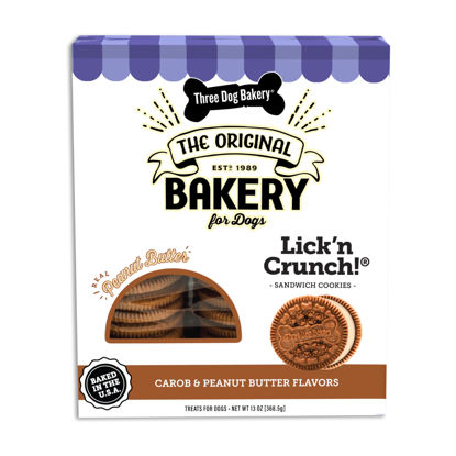 Picture of Three Dog Bakery Lick'n Crunch Sandwich Cookies Premium Dog Treats with No Artificial Flavors, Carob and Peanut Butter Flavor, 13 Ounces (Pack of 1)