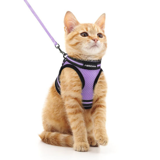 Picture of rabbitgoo Cat Harness and Leash Set for Walking Escape Proof, Adjustable Soft Kittens Vest with Reflective Strip for Cats, Comfortable Outdoor Vest, Light Purple, M