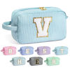 Picture of YOOLIFE Travel Makeup Cosmetic Bag - Personalized Monogram Cute Blue Initial Makeup Bags Cosmetic Toiletry Bag Pouch Make Up Case for Women Her Mom Friend Sister Teacher, Birthday Gifts for Women V