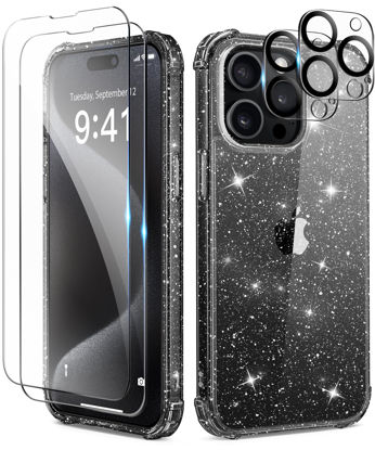 Picture of TIESZEN Compatible with iPhone 15 Pro Max Case Glitter Clear, [5 in 1] with 2X Screen Protector + 2X Camera Lens Protector, Cute Bling Military Grade Shockproof Slim Phone Case 6.7 Inch, Clear Black