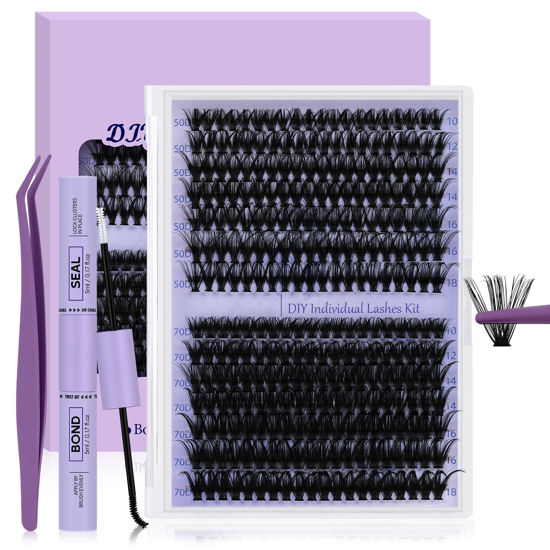 Picture of Lash Extension Kit 280Pcs Volume Individual Lashes Kit Superfine Individual Lashes 10-18mm Soft D Curl Lash Clusters Kit with Bond and Seal Lash Tweezers for Self Use （Kit，50D+70D-10-18MIX）