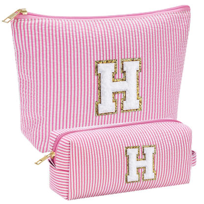 Picture of YOOLIFE Birthday Gifts for Girls - Personalized Initial Cute Pink Cosmetic Makeup Bag Pouch Make Up Bags Travel Toiletry Bag for Her Mom Girlfriend Wife Teacher 18th Birthday Gifts for Girls H