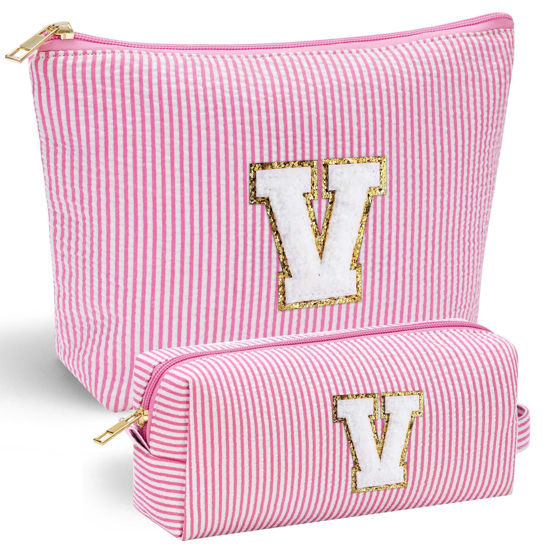 Picture of YOOLIFE Cute Gifts Travel Makeup Bag - Pink Makeup Bag Make Up Bag Travel Cosmetic Bags for Women Yoga Bag Picnic Bag Cute Makeup Bag Personalized Best Friend Birthday Gifts for Women Her Monogram V