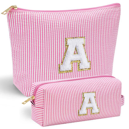 Picture of YOOLIFE Personalized Teen Girl Gifts Initial Cute Pink Cosmetic Makeup Bag Make Up Bag Travel Toiletry Bag for Her Mom Girlfriend Wife Teacher 12 13 14 15 16 Years Old Girl Gifts Trendy Stuff A