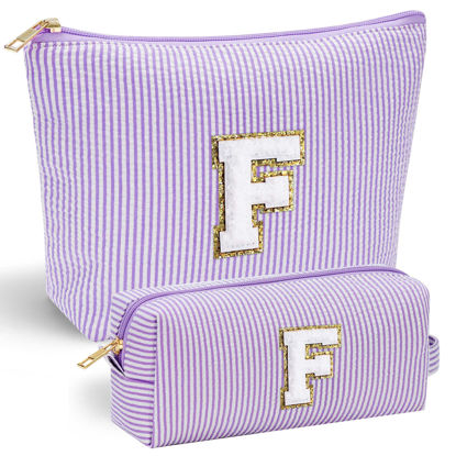 Picture of YOOLIFE Birthday Gifts for Women - Personalized Cute Purple Initial Cosmetic Makeup Pouch Make Up Toiletry Bag for Her Mom Teacher Friend Girlfriend Wife Valentine's Day Gifts 21st Birthday Gifts F