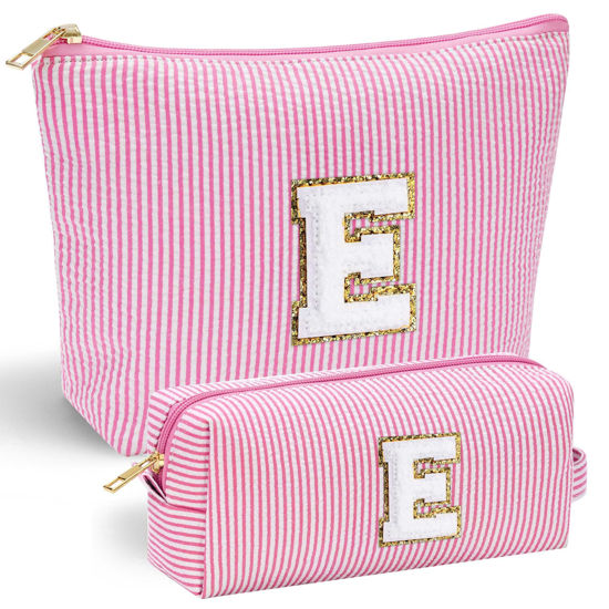 Picture of YOOLIFE Personalized Makeup Bag for Women - Monogram Cosmetic Bag Travel Toiletry Bag Brush Holder Birthday Gifts for Women Her Wedding Bridesmaid Friend Sister Teacher Wife Grandma Pink Initial E