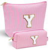 Picture of YOOLIFE Travel Makeup Bag Cosmetic Bag - Make Up Bag with Makeup Brush Bag Monogram Makeup Pouch Bag 2 Pieces Cute Makeup Bag Personalized Gifts Best Friend Birthday Gifts for Women Pink Letter Y