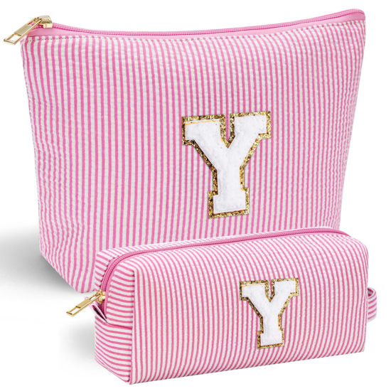 Picture of YOOLIFE Travel Makeup Bag Cosmetic Bag - Make Up Bag with Makeup Brush Bag Monogram Makeup Pouch Bag 2 Pieces Cute Makeup Bag Personalized Gifts Best Friend Birthday Gifts for Women Pink Letter Y