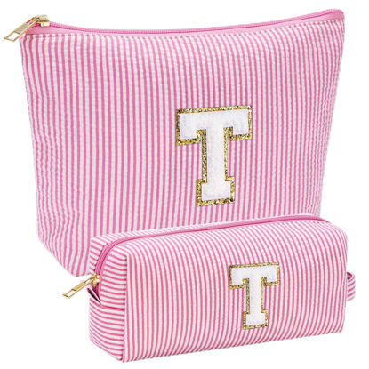 Picture of YOOLIFE Pink Cute Travel Makeup Bag - Sister Girlfriend Gifts Makeup Bag Make Up Bag Cosmetic Bags for Women Friend Teacher Birthday Gifts Bridal Shower Gifts Mom Gift Valentine's Day Gift Monogram T