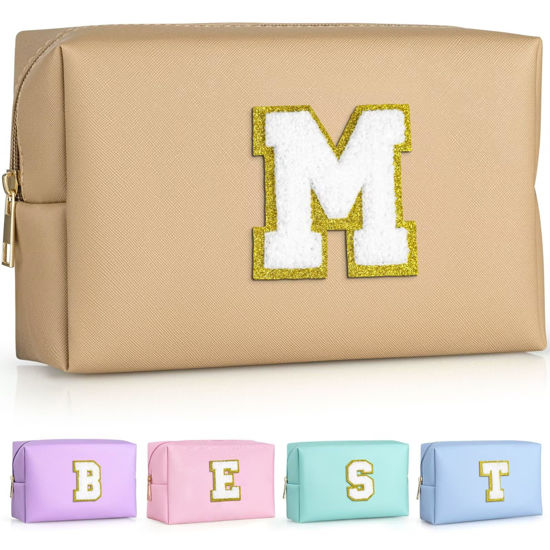 Picture of TOPEAST Monogrammed Gifts for Women, Preppy Makeup Bag Small Cosmetic Bag Travel Toiletry Bag, Personalized Birthday Gift for Girl, Wedding Bridal Shower Gifts for Bridesmaids (Khaki M)