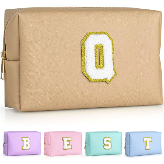 Picture of TOPEAST Initial Makeup Bag For Travel, Chenille Letter Pouch Cosmetic Bag, PU Leather Waterproof Toiletry Bag, Personalized Gifts For Bride Bridemaids, Cute Things for Girls (Khaki Q)