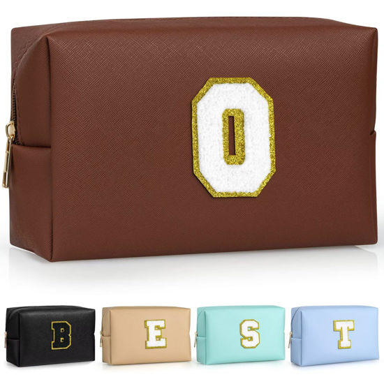 Picture of TOPEAST Small Makeup Bag Initial Cosmetic Bag Travel Toiletry Bag, Personalized Birthday Gift for Mom Sister Friends Teacher Nurse, Preppy Travel Stuff for Girls (Brown O)