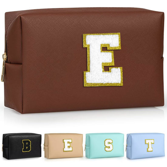 Picture of TOPEAST Monogrammed Gift for Women Girls, Personalized Initial Makeup Bags Cosmetic Bag with Zipper, Cute Makeup Pouch, PU Leather Waterproof Toiletry Bag, Preppy Gifts Stuff for Girl (Brown E)